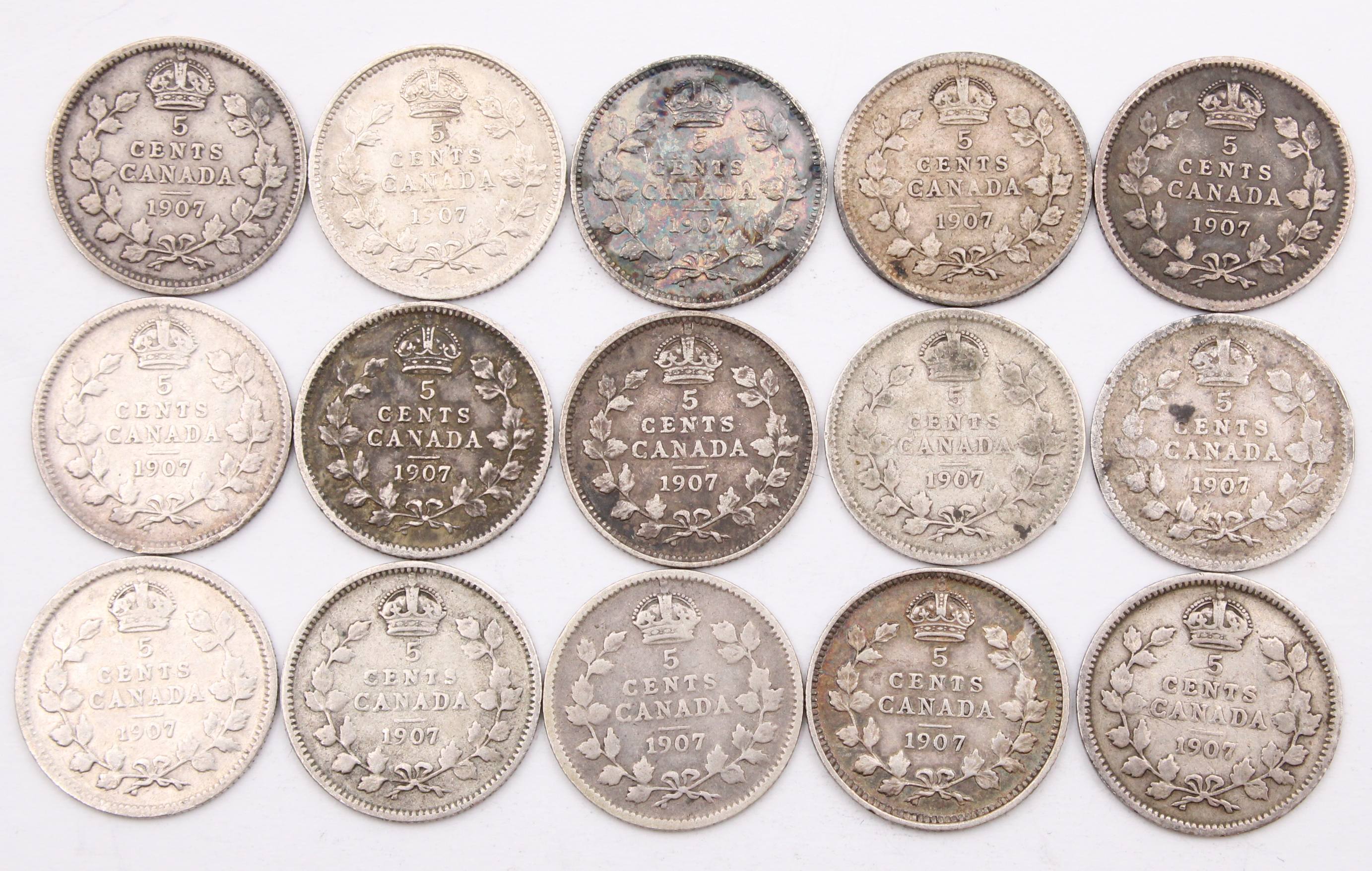15X 1907 Canada 5 cents silver coins 15-coins GOOD to FINE