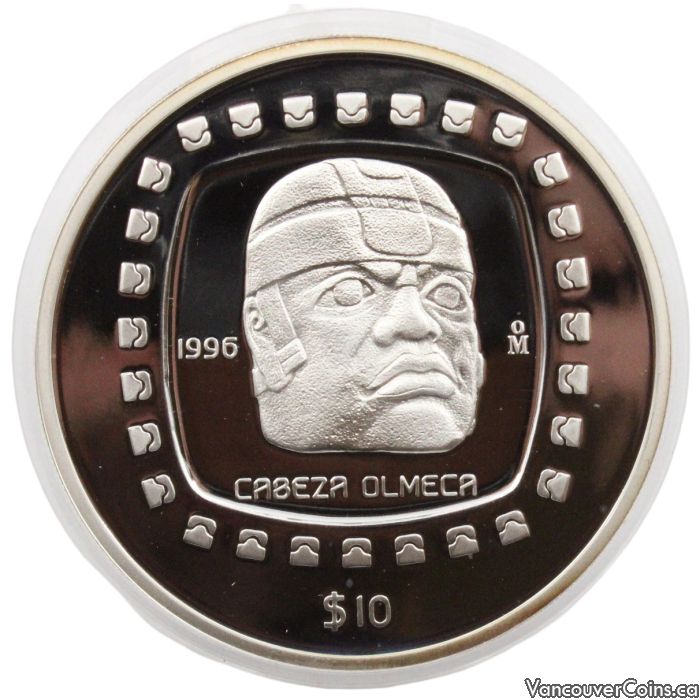 1996 5 oz Mexico $10 Cabeza Olmeca 5 ounce .999 silver coin Proof