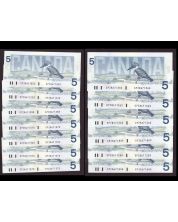 13x 1986 Canada $5 notes Knight Dodge Kingfisher 13-notes all GPZ UNC+