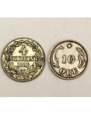 1856 Denmark 4 Skilling and 1899 Denmark 10 Ore coin 