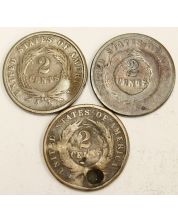 1865 1866 and 1869 USA Two Cent pieces 3-coins 