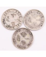 3x Hong Kong 10 Cents silver coins 1898 1899 and 1903 3-coins