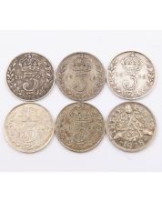 Great Britain Three Pence 3d 1905 1912 1913 1919 1926 1928