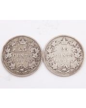 1872 Large off-center H rev. scratches and 1872 Small H Canada 25c G+  Unlisted