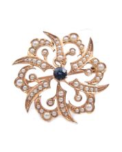 c1890 Sapphire & Seed Pearl 14K yg Brooch 30.0mm 6.4 grams