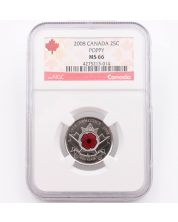 2008 Canada 25 cent Poppy NGC MS66 Colorized