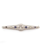 14K white gold Bar Pin Diamonds Sapphires 64x12mm 4.5 grams