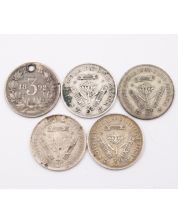 5x South Africa 3 pence silver coins 1892(hole) 1937 38 2x42 circulated