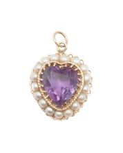 14K Yellow Gold Heart Pendant Amethyst & Cultured Pearl 4.48g