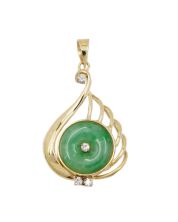 14K Yellow Gold 1.18ct Jadeite & Diamond Pendant Green & White Disk Vintage 