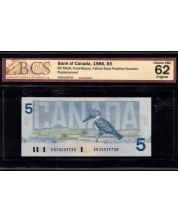 1986 Canada $5 BC-56aA Crow Bouey ENX0039730 YBPN BCS CHOICE UNC-62