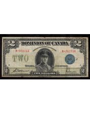 1923 Canada $2 banknote Campbell Sellar G-2 blue seal #R-752710 VG/F