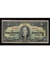 1936 Provincial Bank of Canada $5 blue back SN018502 VF