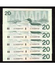 1991 Canada $20 consecutive 5-notes Theissen Crow EID4309737-41 CH UNC