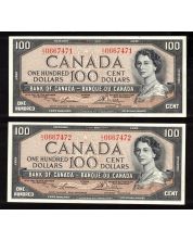 1954 Canada $100 2-consecutive notes Lawson Bouey C/J 0667471-72 CH AU