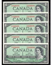 5 x Canada 1954 $1 consecutive notes Beattie Rasminsky F/P3226689-93 CH UNC