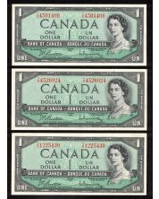 3 x Canada 1954 $1 banknotes Beattie Rasminsky all 3 have Prefix T/O Choice UNC