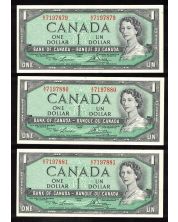 3 x Canada 1954 $1 consecutive notes Lawson Bouey A/I 7197879-81 CH UNC