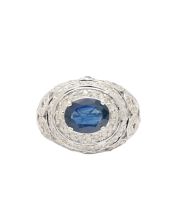14K White Gold Ring with 1.65 ct Blue Sapphire & Diamond Halo Setting Size 6.5