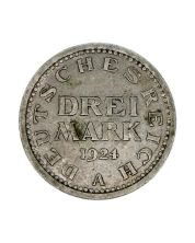 1924 Germany 3 Mark Silver Coin EF+ Weimar Republic