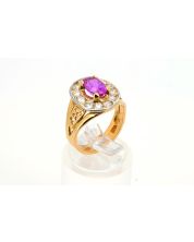 18K Gold Oval Pink Sapphire Ring 2.30 CT Diamond Halo 0.84 CTW Size 6