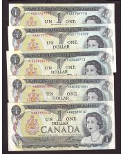 5x 1973 Canada $1 replacement notes 2x*A/A EF *F/A EF 2x*A/N F + VF