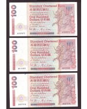3x 1993 Hong Kong Standard Chartered Bank $100 banknotes