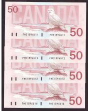 4X 1988 Canada $50 Snowy Owl consecutive notes FME1596411-14 CH UNC+