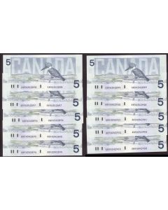 10x 1986 Canada $5 consecutive notes Knight Dodge ANR4342894-903 CH UNC