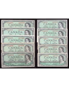 10x 1954 Canada $1 replacement banknotes *AA *CF *BM *CF 10-notes F to EF