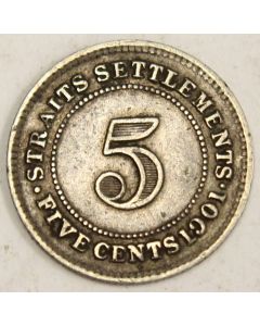 1901 Straits Settlements 5 Cents silver coin VF25