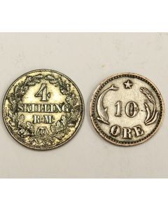 1856 Denmark 4 Skilling and 1899 Denmark 10 Ore coin 