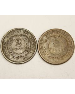 1865 and 1866 USA Two Cent pieces coins AG/G