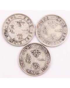 3x Hong Kong 10 Cents silver coins 1898 1899 and 1903 3-coins