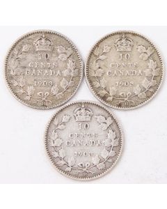3x 1903H Canada 10 cents all 3-coins in nice VG condition
