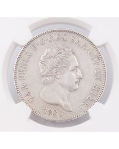 1830 Eagle L Italy Sardinia 5 Lire NGC NGC AU details cleaned