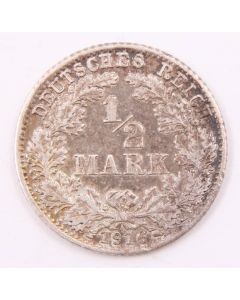 1916 D Germany 1/2 Mark silver coin VF+