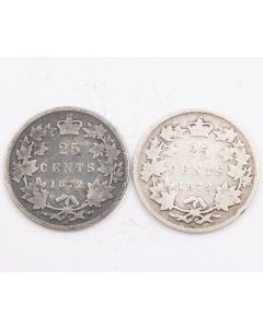1872 Large off-center H and 1872 Small H Canada 25c G+  