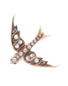 Victorian 14K yg Brooch Swallow in Flight Diamonds Seed Pearls Garnets
