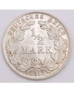 1917 D Germany 1/2Mark silver coin Choice AU/UNC or better