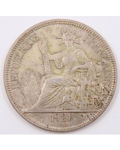 1921 French Indo China Silver Piastre no mint mark  26.96g KM-5a.2 nice AU