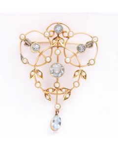 Antique 14k Yellow Gold Aquamarine & Seed Pearl Brooch