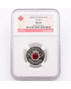 2008 Canada 25 cent Poppy NGC MS66 Colorized 