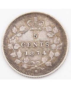 1874H Crosslet 4 Canada 5 cents VF obverse Error planchet de-lamination 