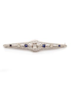 14K white gold Bar Pin Diamonds Sapphires  64x12mm  4.5 grams