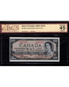 1954 Canada $100 devils face banknote Coyne Towers  A/J 0447148 BCS EF45 