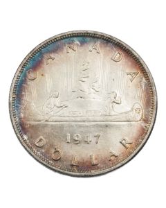 1947 Pointed-7 Canada silver $1 dollar nice EF/AU Toned