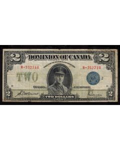 1923 Canada $2 banknote Campbell Sellar G-2 blue seal #R-752710 VG/F
