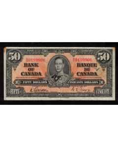 1937 Canada $50 banknote Gordon Towers B/H 0189906 VG margin stains