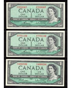 3 x Canada 1954 $1 banknotes Bouey Rasminsky F/F K/F S/F Choice UNC